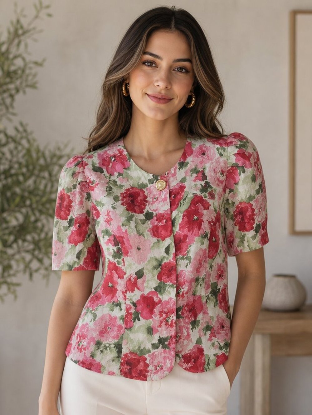 Maggy London Vintage Floral Silk Puff‑Sleeve Blouse | 1980s–Early 1990s
